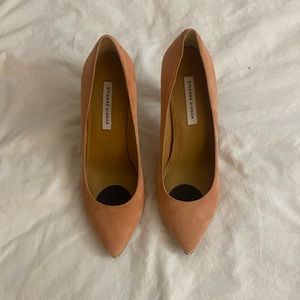 Etienne Aigner Coral Blush Pink Suede Heels w/ wooden heel & silver toe detail